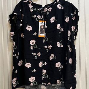 Buffalo David Bitton Black Blouse with Pink Floral Print